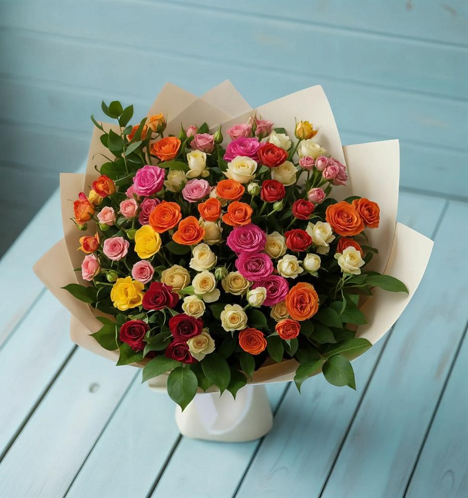 Букет Микс из разноцветных кустовых роз в Пангодах