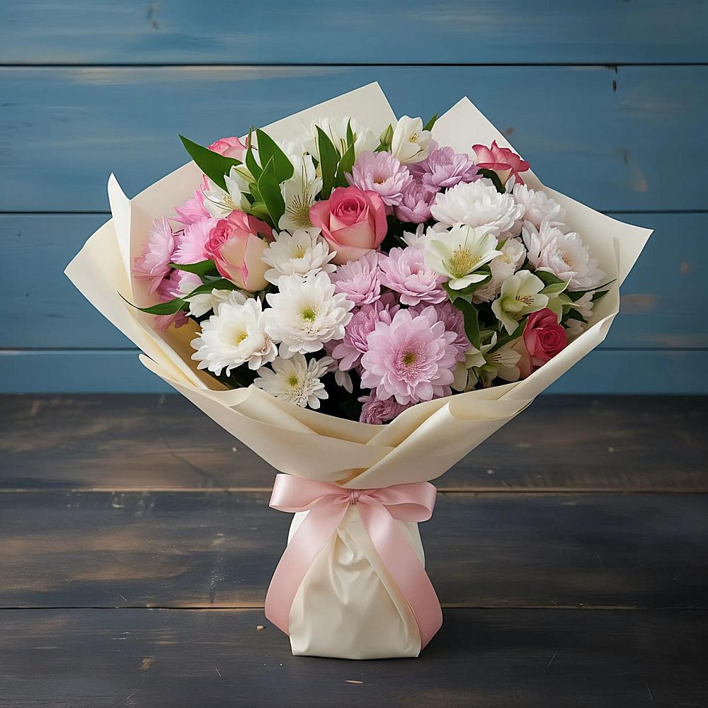 Букет цветов из: Хризантемы, Альстромерии и Розы в Пангодах